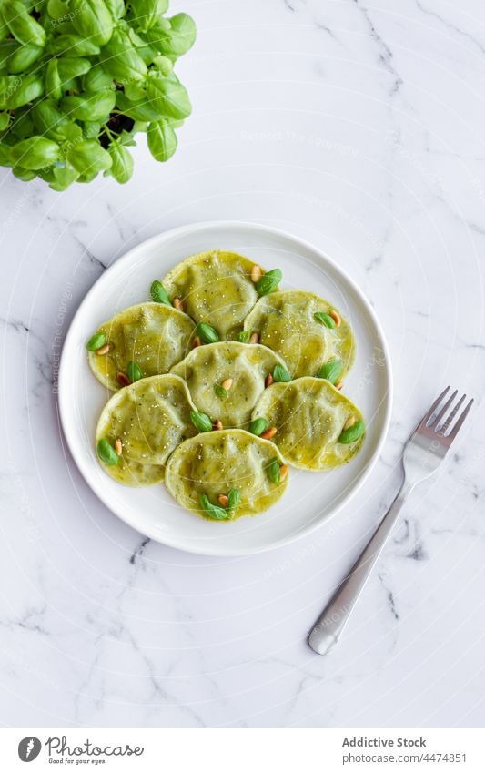 Leckere Raviolis auf dem Marmortisch dienen Lebensmittel Mahlzeit Basilikum Spätzle Teigwaren Speise Küche Italienisch Teller lecker Tisch geschmackvoll Dekor