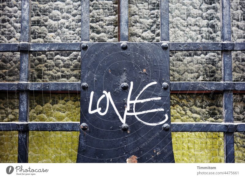 LOV€ is all you need Tür Glas Metall Gitter Aufschrift Love alt Außenaufnahme Menschenleer gelb grau schwarz Buchstaben Schriftzeichen