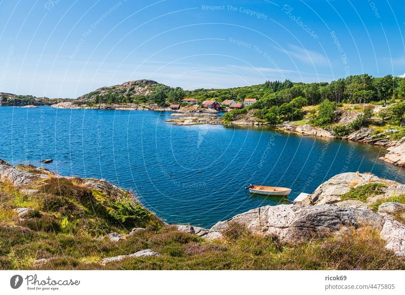 Landschaft auf der Schäreninsel Skjernøya in Norwegen Skjernoya Meer Küste Nordsee Skagerrak Boot Insel Schärengarten Sommer Felsen Steine wandern Wanderung