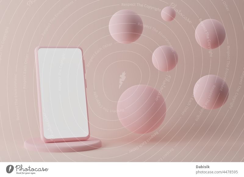 Moderne Smartphone auf dem Podium mit fliegenden Blasen auf rosa Hintergrund, 3d render Telefon Schaumblase Attrappe Kugel Ball abstrakt Fliege Farbe farbenfroh