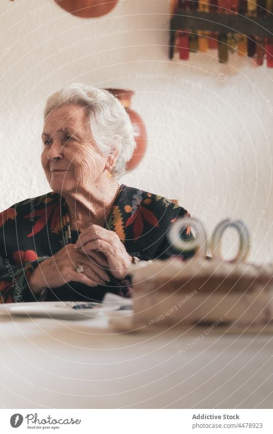 Ältere Frau feiert Geburtstag mit Familie feiern Kuchen Schlag Kerze zu Hause in die Hände klatschen 90 relativ Sitzung Veranstaltung festlich Lebensmittel