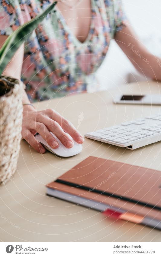 Crop Frau mit Computer im Büro Sekretärin benutzend Tisch Mitarbeiter Apparatur Maus Arbeit Arbeitsbereich Arbeitsplatz Job Exekutive Spezialist Manager Surfen