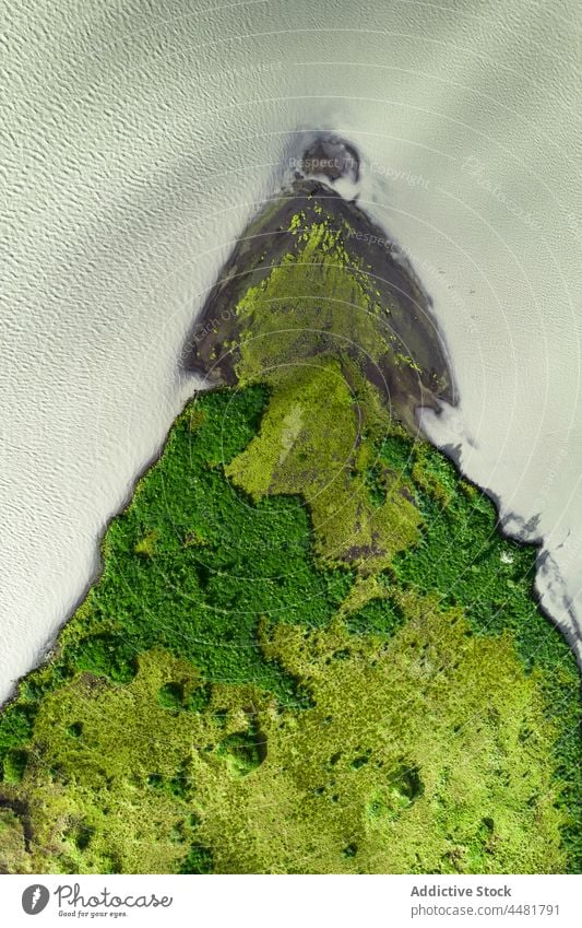 Bergiges Gelände inmitten von Gras in der Natur Felsen Berge u. Gebirge Wald Vegetation abstrakt Hintergrund Nebel Höhe Formation hoch vegetieren rau Island