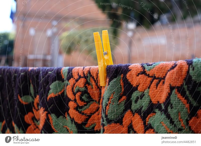 Blumenstoff zum trocknen mit einer gelben Wäscheklammer Haushalt Alltagsfotografie Wäsche waschen Trocknen von Wäsche frisch Frottée orange rosen Rosen Kultur