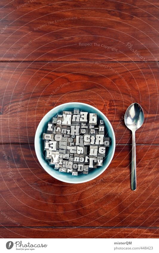 Buchstabensuppe II Lifestyle Kunst ästhetisch Wort Sprachwissenschaften Sprache Fremdsprache Kreativität Idee Tisch Mittag Frühstück Wissen Frühstückstisch