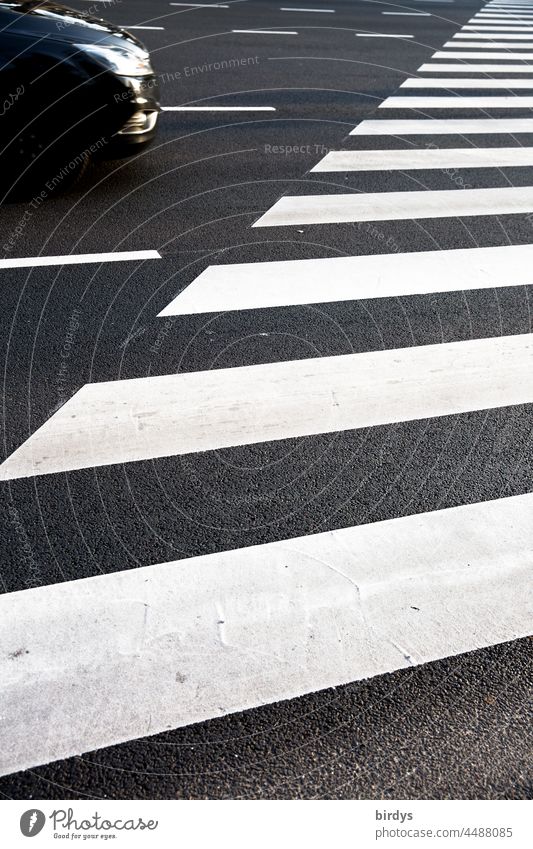 Ein Auto fährt an einen Zebrastreifen, Fußgängerüberweg heran. Straßenverkehr Gefahrenstelle Fußgängerübergang Schilder & Markierungen Verkehrswege Sicherheit