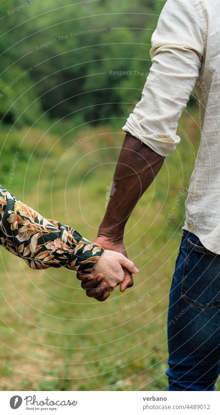 Händchenhalten einer kaukasischen Frau und eines schwarzen Mannes im Freien im Herbst Hand Afro-Look Kaukasier vielfältig Paar Liebe Familie neue Bestellung