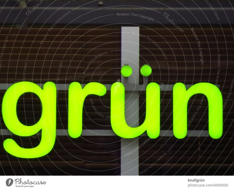 Grüne Leuchtreklame grün Neonlicht Werbung Schriftzeichen Buchstaben Beleuchtung Leuchtbuchstabe Werbeschild werben neonfarbig leuchten Farbe Logo letter