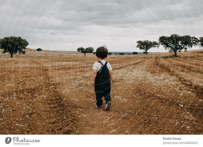 Rückansicht Kind geht auf gepflügtem Feld 1-3 Jahre Kaukasier laufen Herbst authentisch Tag Leben Freizeit & Hobby Farbfoto Freude Natur Spielen Außenaufnahme