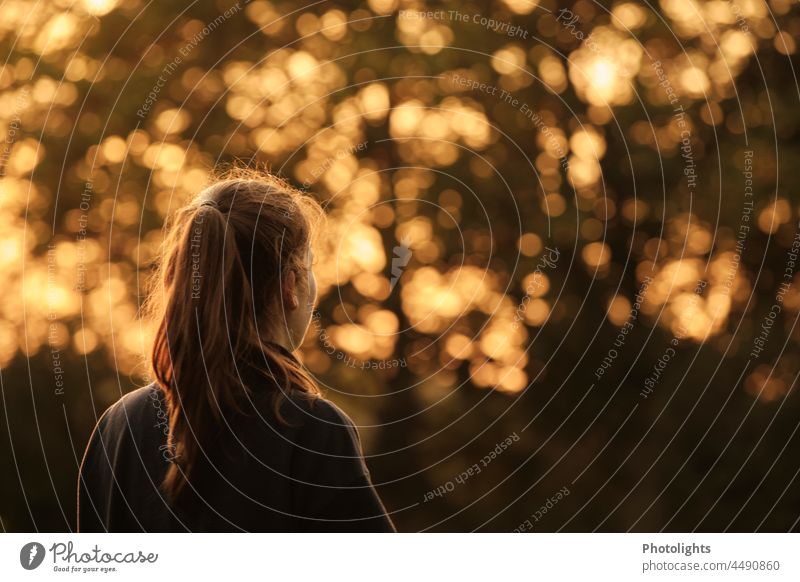 Rückenansicht einer jungen Frau mit Pferdeschwanz bei Sonnenuntergang in warmen Farben Rückansicht Dämmerung Außenaufnahme Farbfoto Zufriedenheit Leben Idylle