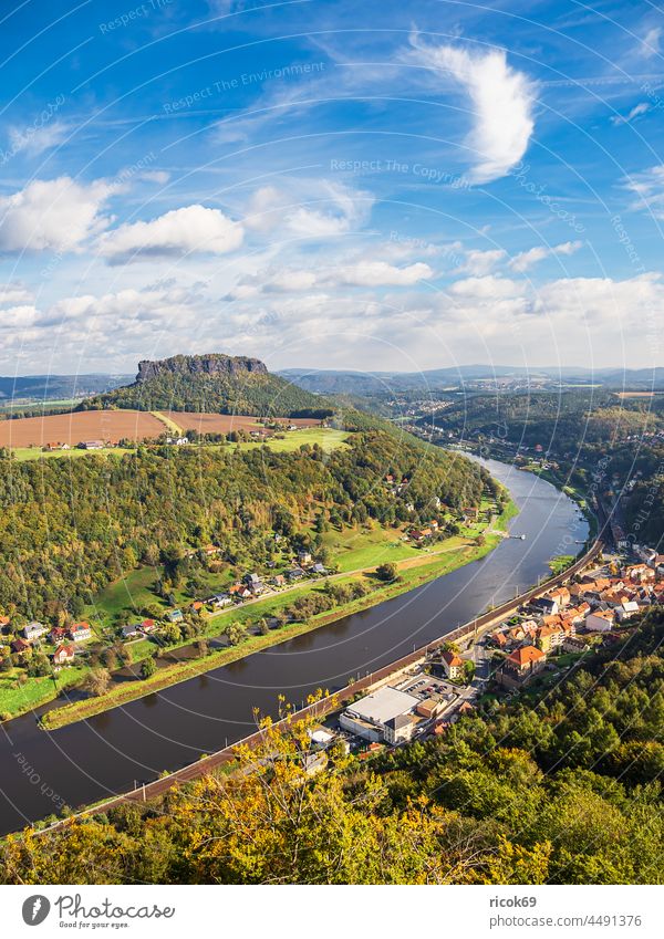 Blick über die Elbe auf die Sächsische Schweiz Elbsandsteingebirge Fluss Lilienstein Felsen Königsstein Stadt Haus Gebäude Architektur Baum Wald Sachsen Natur