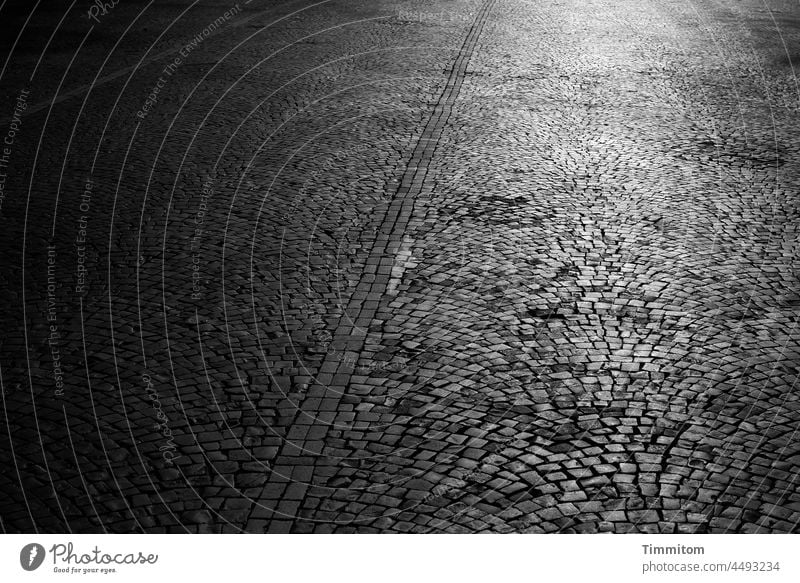 Platz mit Pflastersteinen Pflasterung Linien groß hell und dunkel Licht Schatten Sonnenlicht Außenaufnahme Menschenleer grau schwarz Schwarzweißfoto