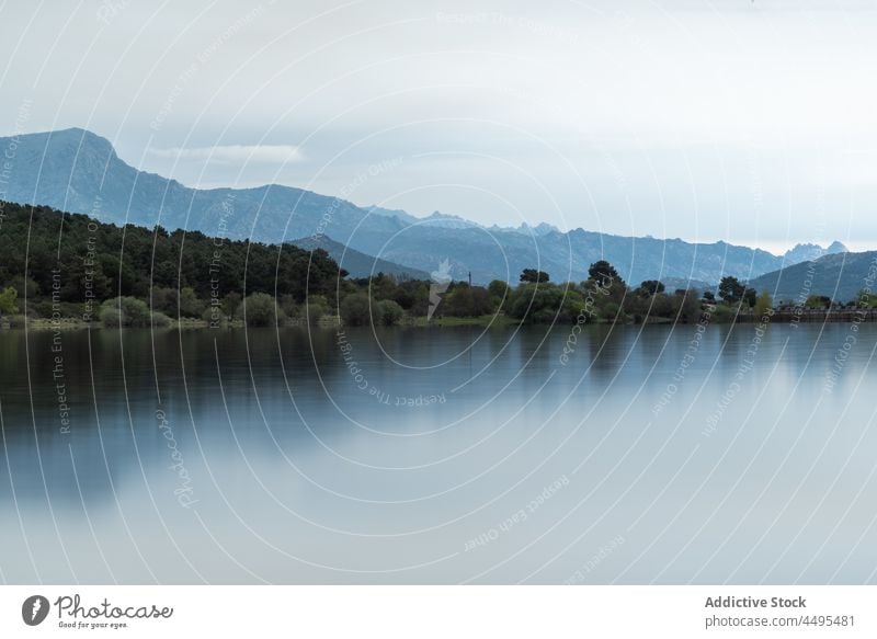 Ruhiger See in Ufernähe mit Bäumen Wasser Berge u. Gebirge Wald Baum Pflanze Natur Küste Wasserseite trist Seeufer Umwelt malerisch aqua Dunst Nebel fließen