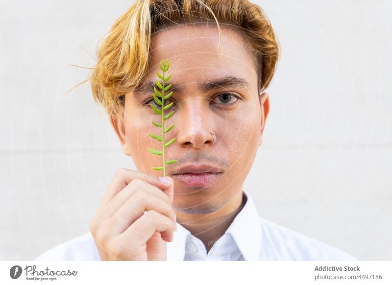 Hübscher Mann mit grünem Zweig Wand Pflanze Stil Flora Vegetation Straße Vorschein Kleidungsstück Gebäude Bekleidung Großstadt Starrer Blick gutaussehend