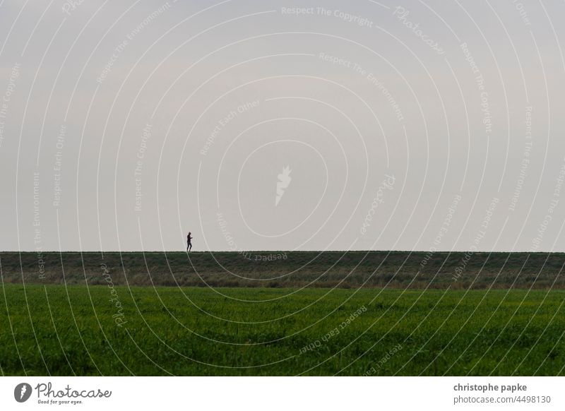 Frau spaziert auf Deich spazieren Herbst Spaziergang laufen Landschaft Außenaufnahme spaziergang Himmel Horizont Mensch Erholung gehen Einsamkeit