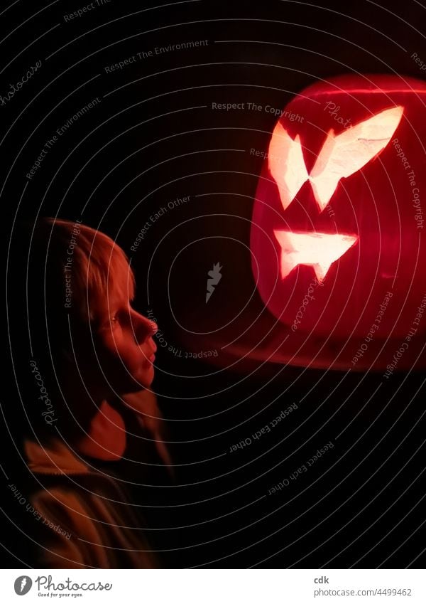 Kindheit | Halloween Kürbis Kürbislaterne selbstgeschnitzt Junge Nacht beleuchtet Kerze Lichtschein nachdenklich rötlich unheimlich Rituale Grimassen Finsternis