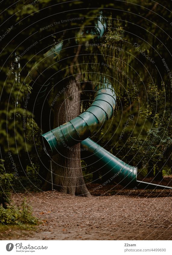 Rutsche im Wald rutsche Grün Bäume abtrakt urban Natur Landschaft spielplatz kinderspielplatz Erholung freizeit sträucher Park röhre baum