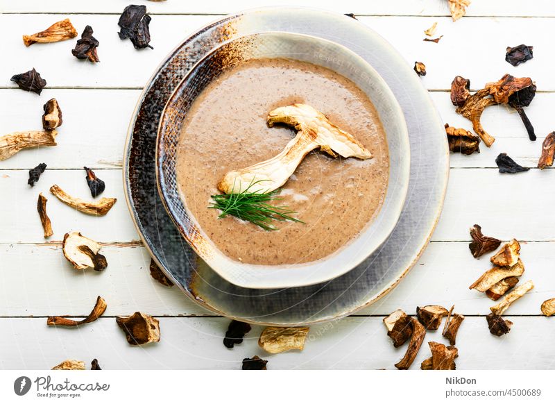 Hausgemachte Pilzcremesuppe, traditionelle Herbstsuppe Steinpilze Suppe Rahmsuppe Pilzsuppe Püree fallen Gesunde Ernährung Lebensmittel Vegetarier Sahne