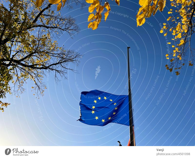 Europa, Fahne, Zusammenhalt Politik & Staat blau Europafahne Farbfoto Tag Außenaufnahme Europäische Union Wind Flagge Fahnenmast Himmel Menschenleer EU wehen