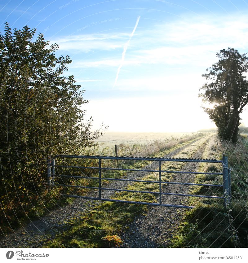 UT Teufelsmoor | dahinter das Paradies gatter zaun weg gegenlicht baum busch himmel wolken morgens frühmorgens hell klar kalt kühl gras Raureif flucht versperrt