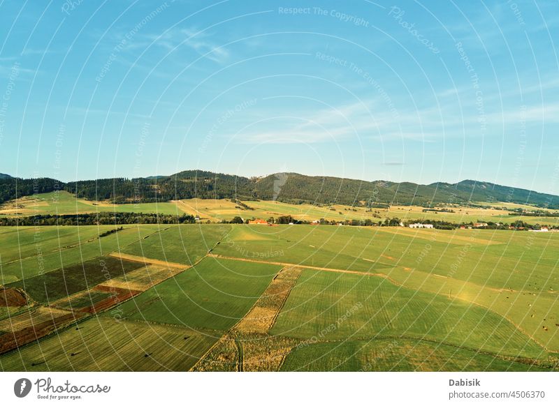 Landschaft mit Bergen, grünen Feldern und ländlichem Dorf, Luftaufnahme Berge u. Gebirge Wiese Hügel Tal Gras Weide Himmel Horizont Frühling Bauernhof Air Natur