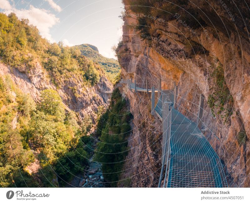 Metallsteg in bergigem Terrain Steg Suspension Berge u. Gebirge Felsen Natur Berghang Baum Reittier Hochland Flora Pyrenäen Spanien Umwelt Landschaft wild