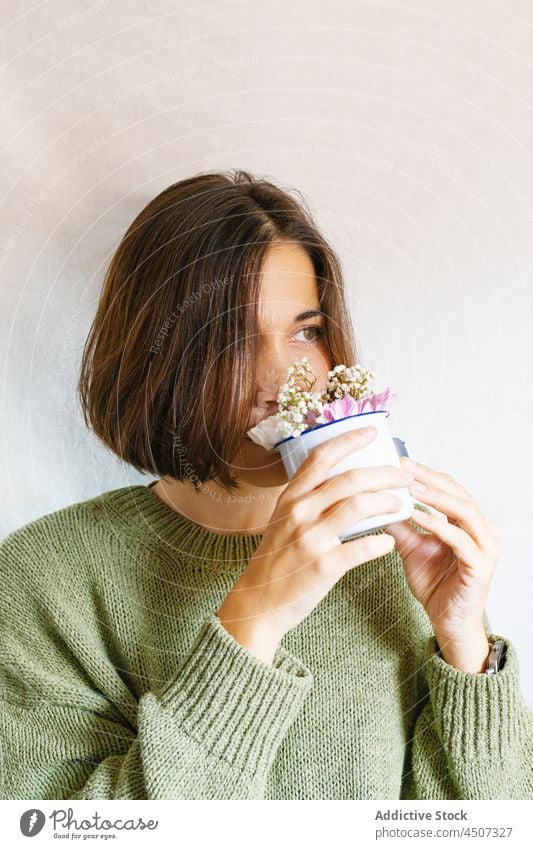 Frau riecht an Blumen auf grauer Wand riechen Blumentopf Blütezeit schüchtern Angebot sanft Porträt Pflanze frisch Dame jung üppig (Wuchs) gestrickt duftig