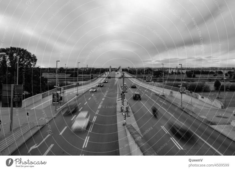 Waldschlößschenbrücke in Dresden Waldschlößchenbrücke Verkehr Schwarzweißfoto Benzin fahren Stadt Brücke Verkehrswege Elbe Architektur Sachsen