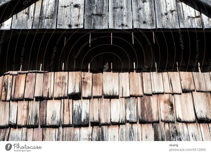 Schindelwand an einer Almhütte. Schattenspiel mit dem Giebel. Wand Fassadenverkleidung Patina natürlich verwittert nachhaltig Schutzschicht Ordnungsliebe