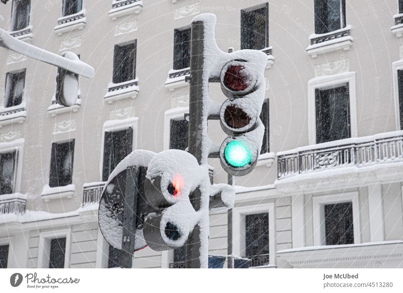 Verschneite Ampel auf Grün an einem verschneiten Wintertag PKW Vorsicht zugeklappt kalt grün Eis Licht Natur offen im Freien vorbei Fußgänger Respekt Zeichen