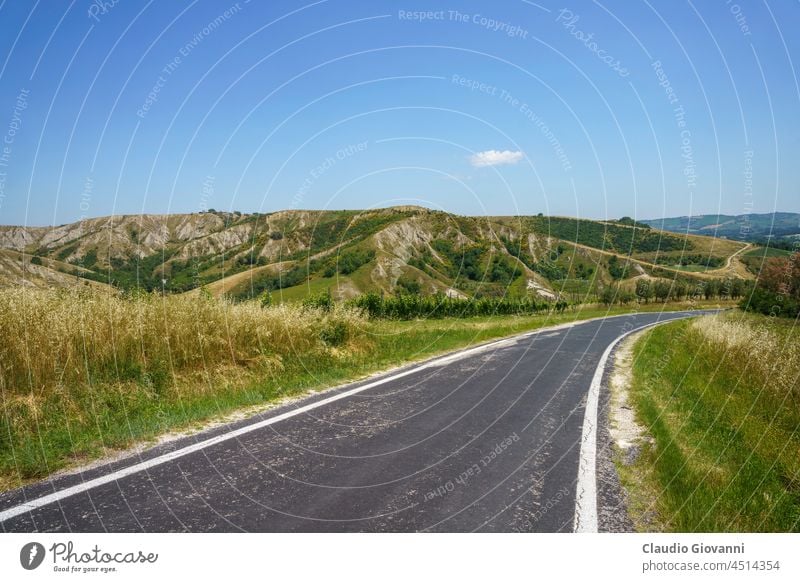 Ländliche Landschaft in den Hügeln bei Imola und Riolo Terme Bologna Castel San Pietro Terme Europa Italien Ackerbau Calanques Außenseite Bauernhof Feld grün