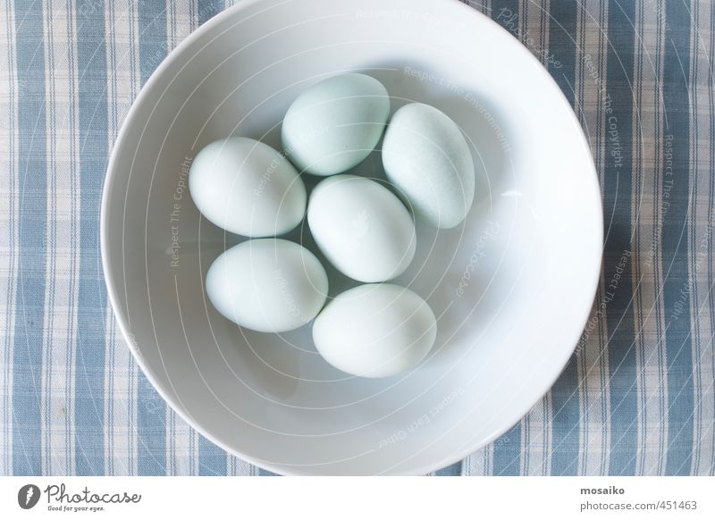 weiße Eier in einer weißen Schale - Studioaufnahme von oben Lebensmittel Frühstück Diät Schalen & Schüsseln Gesundheit Küche blau organisch Hähnchen ökologisch