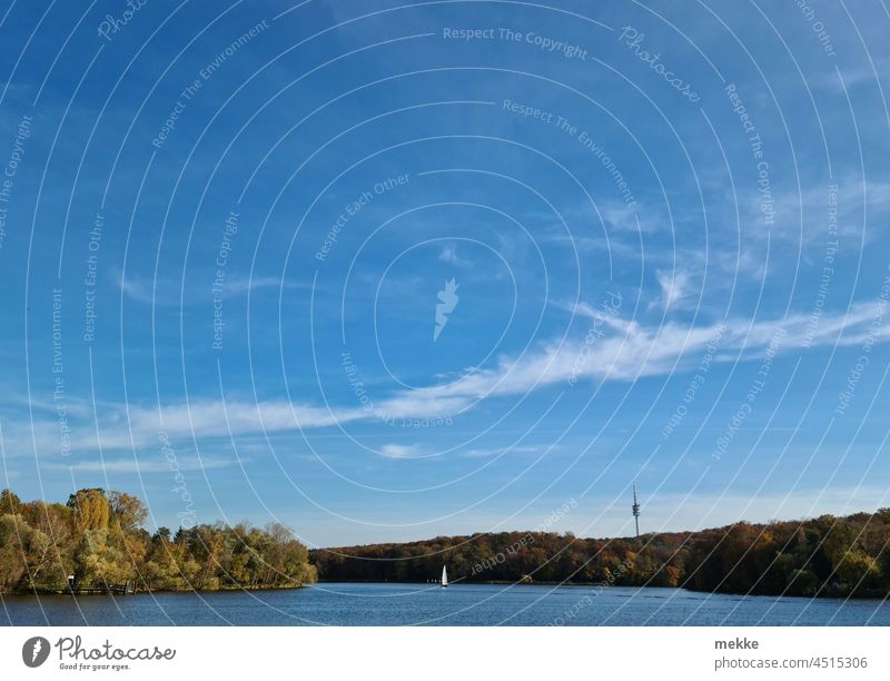 Herbststimmung mit blauem Himmel am Jungfernsee herbstlich Herbstfärbung Herbstlaub Herbstbeginn Sonne Sonnenschein Blauer Himmel See Seeufer Natur sonnig