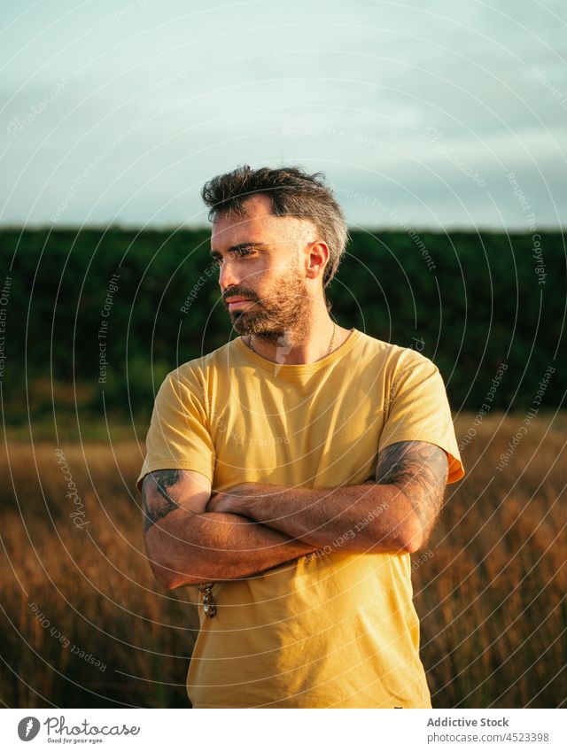 Ernster bärtiger Mann im Feld stehend Natur Landschaft Wiese brutal Tattoo maskulin Freizeit Zeitvertreib grasbewachsen männlich selbstbewusst Gras Sommer