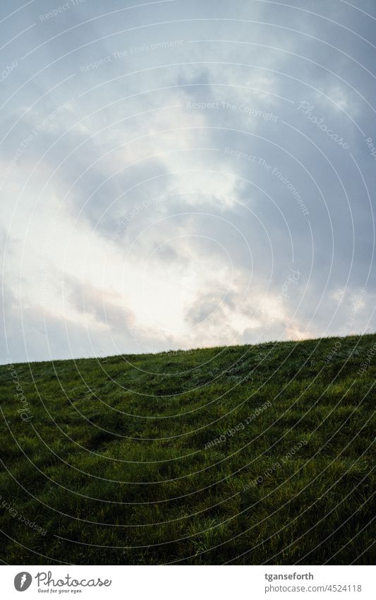 Abendhimmel über dem Deich Himmel Wiese Grün Gras Hintergrund Hintergrundbild grün blau Wolken Außenaufnahme minimalistisch Landschaft abendhimmel