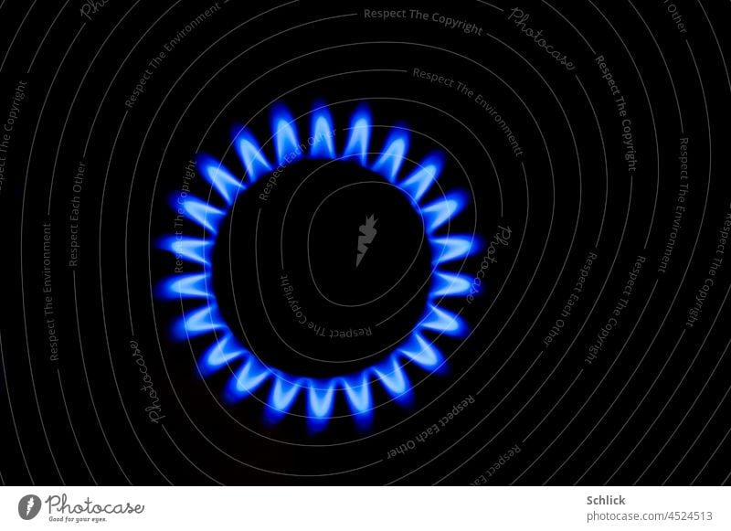 Blaue Gasflamme eines Küchenherdes in Vogelperspektive vor schwarzem Hintergrund Herd Freisteller Energie Erdgas Flamme kreisen kreisförmig Gasherd Kochen