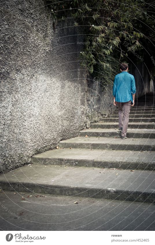 treppauf Mensch maskulin Junger Mann Jugendliche Erwachsene 1 Mauer Wand Treppe dunkel kalt kaputt trist Stadt blau Spaziergang gehen Fußweg Bürgersteig Baum