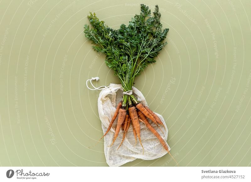 Lebensmittel von oben Draufsicht Öko-Bauernhofprodukte Bio-Gemüse in Netzbeuteln Flachlage frisch Salat Rote Bete Karotten Tomaten Gurken Paprika Salat