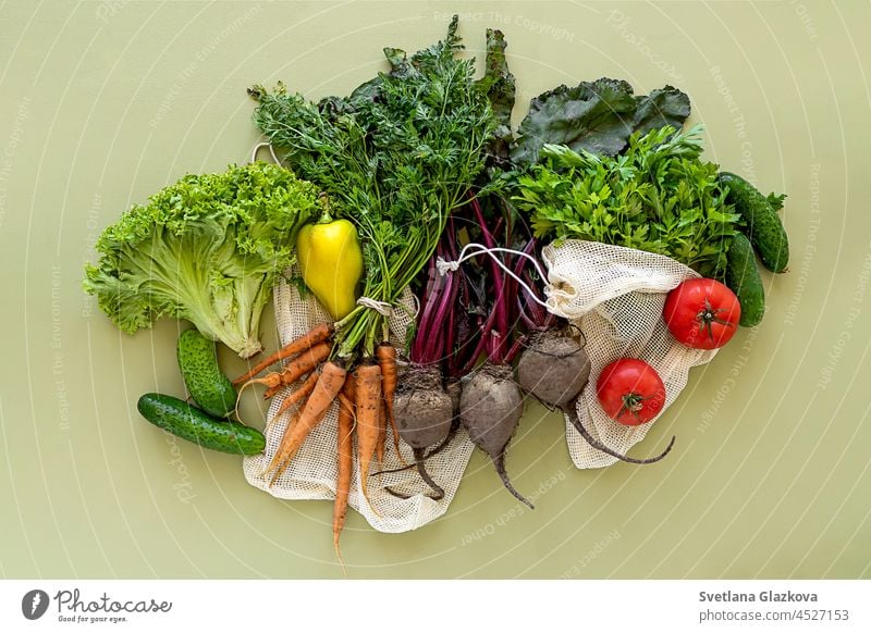 Lebensmittel von oben Draufsicht Öko-Bauernhofprodukte Bio-Gemüse in Netzbeuteln Flachlage frisch Salat Rote Bete Karotten Tomaten Gurken Paprika Salat