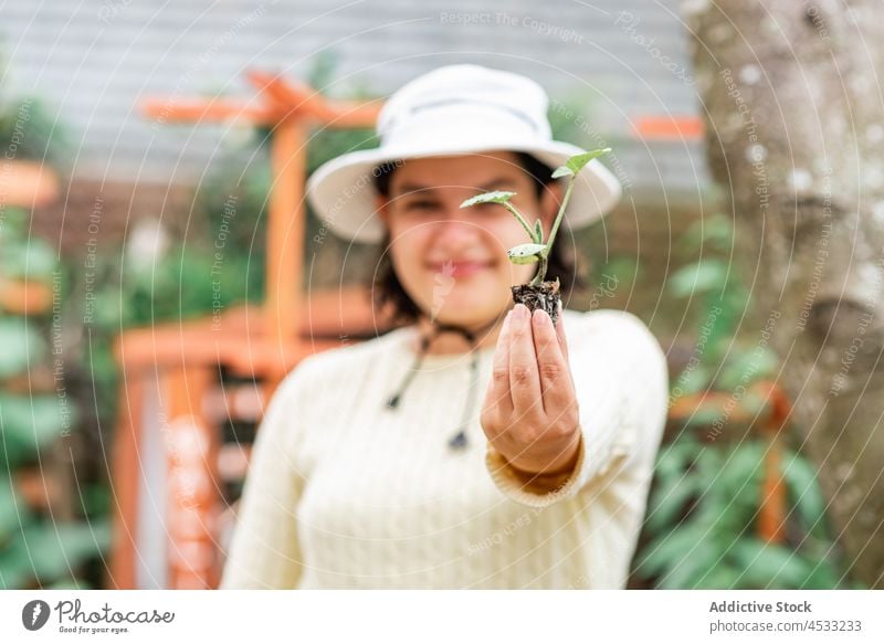 Lächelnde Frau zeigt Sprössling im Garten Gärtner Aussaat sprießen Vorbau zeigen Pflanze Ackerbau kultivieren positiv Bauernhof Botanik wachsen Arbeit