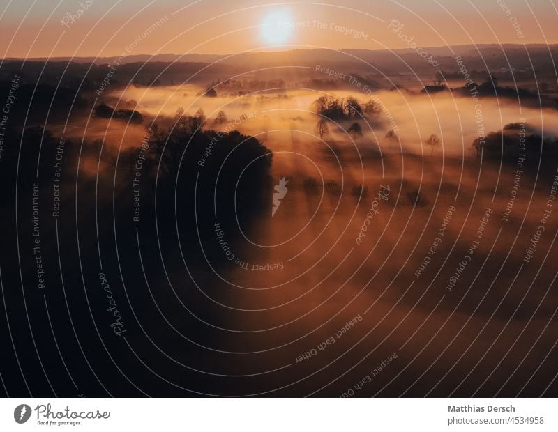 Morgennebel auf dem Land Drohnenansicht Drohnenfoto Drohnenaufnahme luftaufnahme landschaft wiese Schatten Nebel Sonnenaufgang höhe Herbst