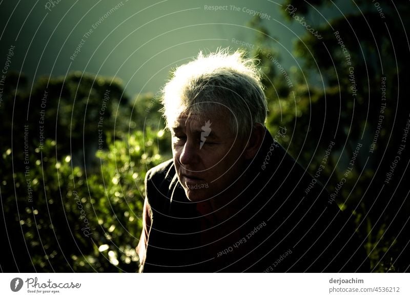 Ein  Mann mit grauen Haaren. Er sitzt im Halbschatten und nur die Haare sind im Sonnenlicht. Ein Mann allein Erwachsene einzeln Porträt Männergesicht Gesicht