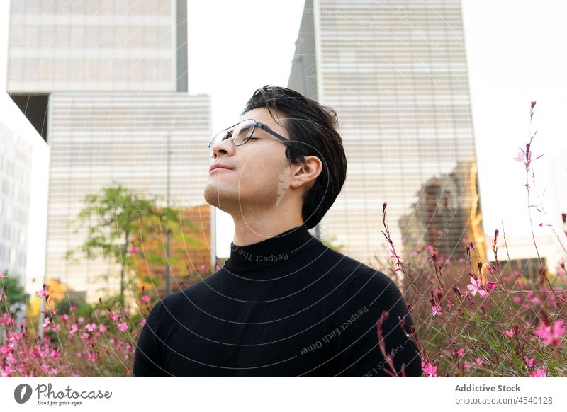 Asiatischer Mann in der Nähe blühender Blumen auf der Straße Buchse Pflanze Großstadt urban Stil Flora Augen geschlossen Vorschein Blütezeit Strauch männlich