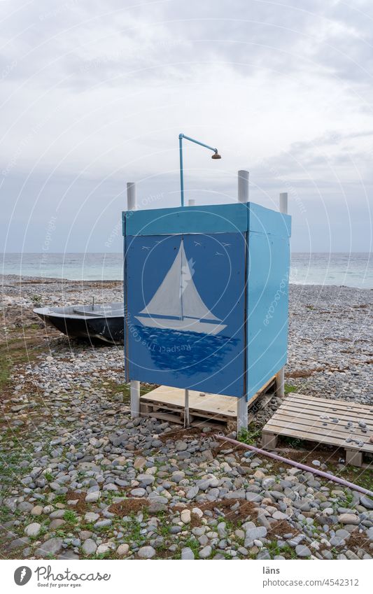 Stranddusche Meer Horizont Dusche Boot Segelboot Griechenland Wasser Himmel Küste MEER Ferien & Urlaub & Reisen Sichtschutz