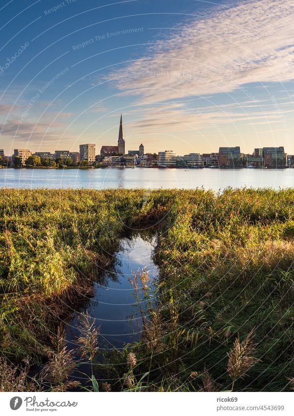 Blick über die Warnow auf die Hansestadt Rostock am Abend Fluss Stadthafen Mecklenburg-Vorpommern Kirche Petrikirche Schilf Herbst Reise Urlaub Tourismus