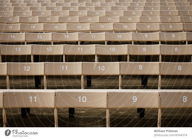 Zugewiesene Sitzplätze Stadion Sitze im Stadion Sportarena Sitzreihe Menschenleer Sitzgelegenheit Arena Bestuhlung Platz Reihe Publikum Stuhl Farbfoto frei