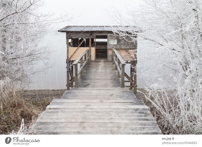 Jägerhütte im Winter am Seeufer Hütte Holzhütte Holzsteg Steg Raureif gefroren Kalt Kälte eisig Frost Eis frieren kalt Eiskristall weiß frostig Wintertag