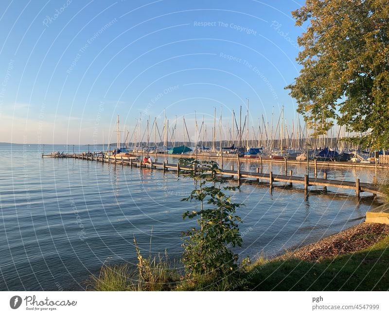 Abenddämmerung am See Heimat Steg Seeufer Hafen Segelboot seeliebe lakelovers fünfseenland Ufer Oberbayer Starnberger See Segelclub Seeshaupt Schiff