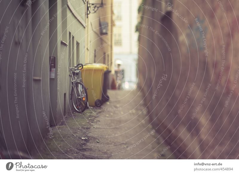 Gasse Haus Dorf Stadt Stadtzentrum Altstadt Menschenleer Mauer Wand Fassade braun gelb gold Fahrrad Müllbehälter Tilt-Shift Farbfoto Gedeckte Farben