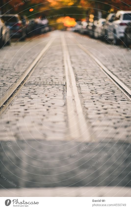 Gleise einer Straßenbahn in der Innenstadt Öffentlicher Personennahverkehr Stadt Bahnverbindung ausbau Bahnfahren Straßenbahngleise Straßenbahnen autos pkws